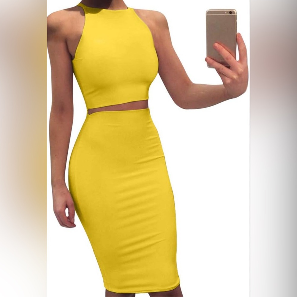 JIURI Women’s 2 Piece Midi Skirt Set in Canary Yellow Sz M